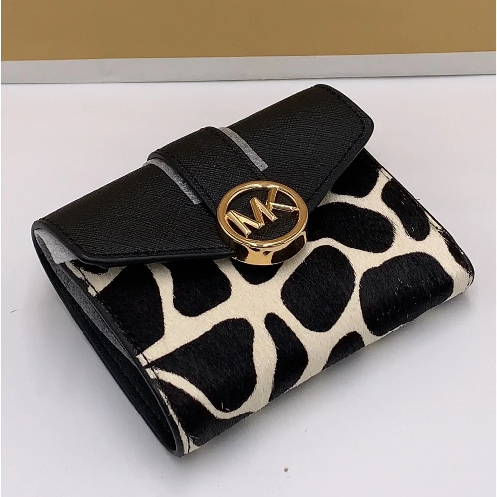 MICHAEL KORS Carmen Medium Flap Bifold Faux Fur-Leather Wallet BLACK COLOR